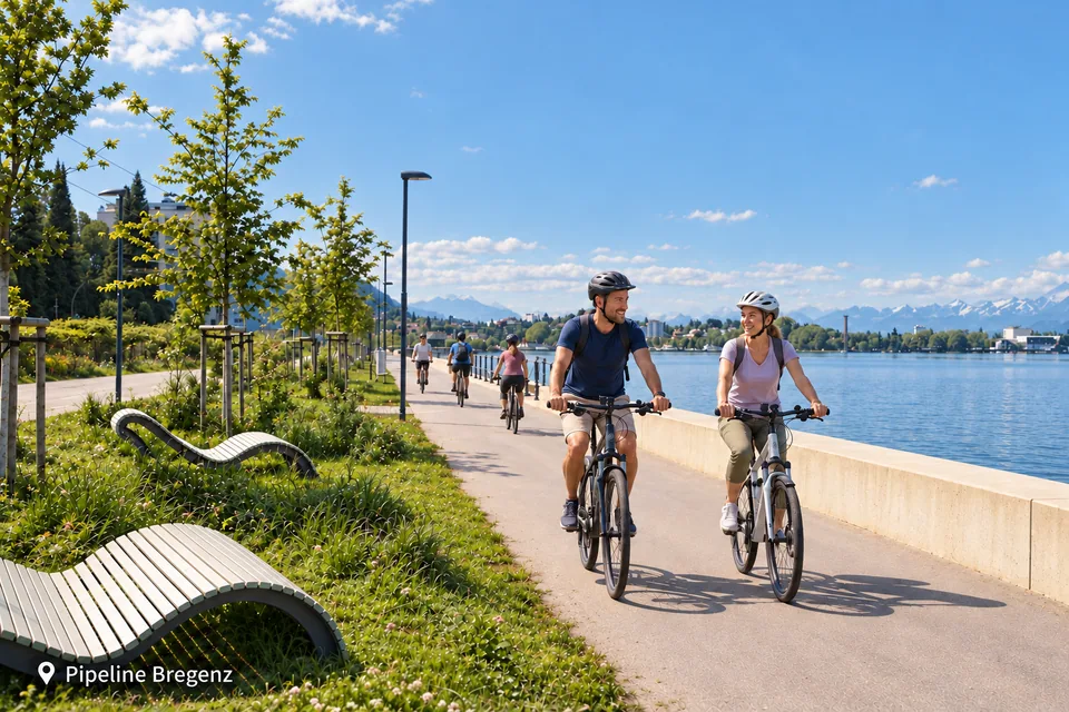 KI-Symbolbild: ein Paar fährt auf einer Seepromenade Fahrrad.