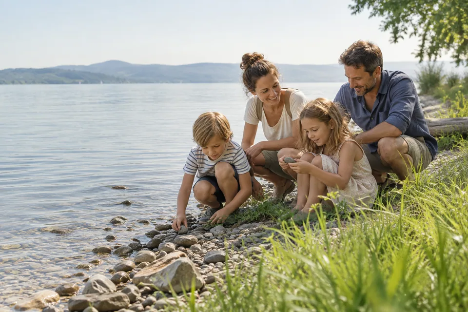 KI-Symbolbild: eine Familie entdeckt gemeinsam das Seeufer.
